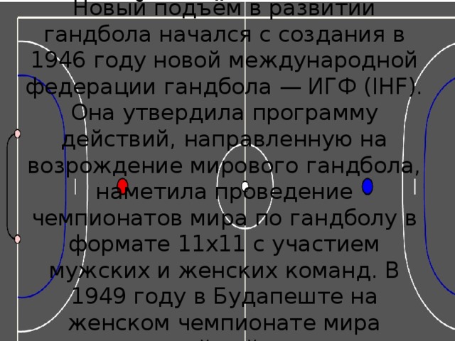 Новый подъём в развитии гандбола начался с создания в 1946 году новой международной федерации гандбола — ИГФ (IHF). Она утвердила программу действий, направленную на возрождение мирового гандбола, наметила проведение чемпионатов мира по гандболу в формате 11х11 с участием мужских и женских команд. В 1949 году в Будапеште на женском чемпионате мира сильнейшей стала команда Венгрии.   