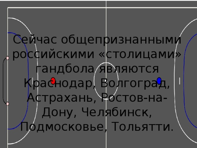 Сейчас общепризнанными российскими «столицами» гандбола являются Краснодар, Волгоград, Астрахань, Ростов-на-Дону, Челябинск, Подмосковье, Тольятти.   