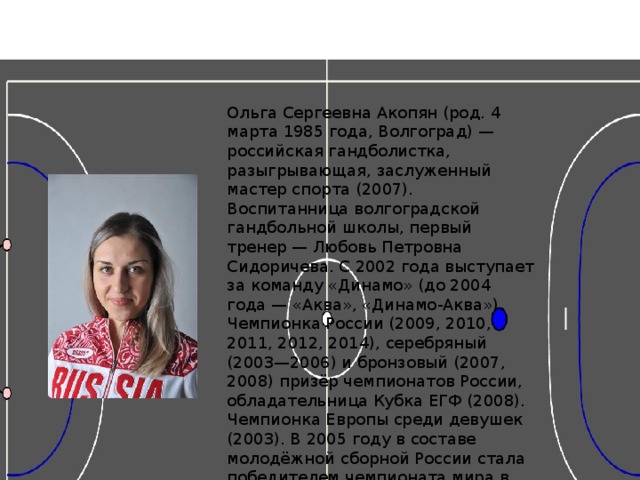 Ольга Сергеевна Акопян (род. 4 марта 1985 года, Волгоград) — российская гандболистка, разыгрывающая, заслуженный мастер спорта (2007). Воспитанница волгоградской гандбольной школы, первый тренер — Любовь Петровна Сидоричева. С 2002 года выступает за команду «Динамо» (до 2004 года — «Аква», «Динамо-Аква»). Чемпионка России (2009, 2010, 2011, 2012, 2014), серебряный (2003—2006) и бронзовый (2007, 2008) призёр чемпионатов России, обладательница Кубка ЕГФ (2008). Чемпионка Европы среди девушек (2003). В 2005 году в составе молодёжной сборной России стала победителем чемпионата мира в Чехии. С 2006 года выступает за национальную сборную России. Двукратная чемпионка мира (2007, 2009), двукратная победительница Кубка мира (2006, 2007), серебряный и бронзовый призёр чемпионатов Европы. 