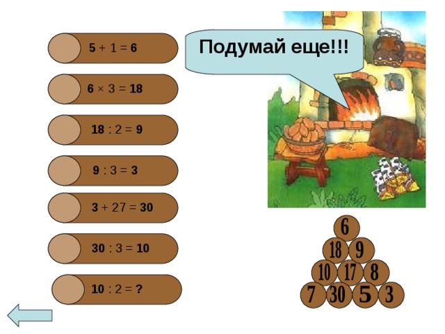 Подумай еще!!! 5 + 1 =  6 6 × 3 = 18  18  : 2 = 9  9 : 3 = 3  3 + 27 =  30 30 : 3 =  10 10 : 2 =  ? 