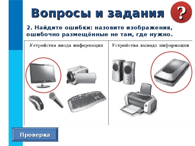 Вопросы и задания ? 2. Найдите ошибки: назовите изображения, ошибочно размещённые не там, где нужно. Проверка 