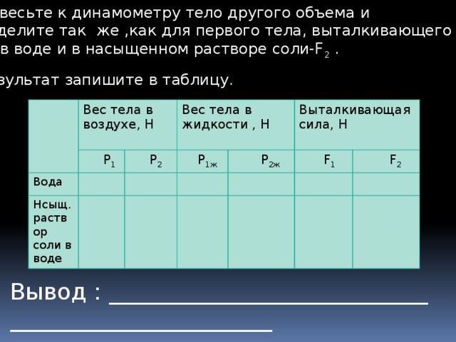 5.Подвесьте к динамометру тело другого объема и  определите так же ,как для первого тела, выталкивающего  силу в воде и в насыщенном растворе соли-F 2 . Результат запишите в таблицу. Вес тела в воздухе, Н Вода  Р 1 Вес тела в жидкости , Н  Р 2 Нсыщ. раствор  Р 1ж Выталкивающая сила, Н  Р 2ж соли в воде  F 1   F 2 Вывод : ____________________________ _______________________  