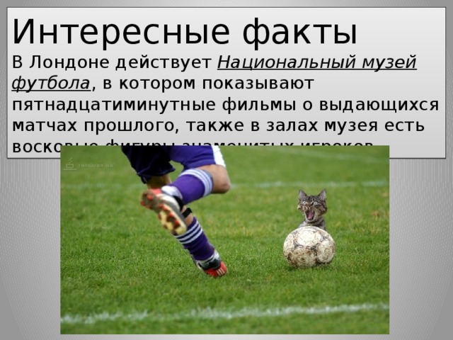 Интересные факты В Лондоне действует  Национальный музей футбола , в котором показывают пятнадцатиминутные фильмы о выдающихся матчах прошлого, также в залах музея есть восковые фигуры знаменитых игроков. 