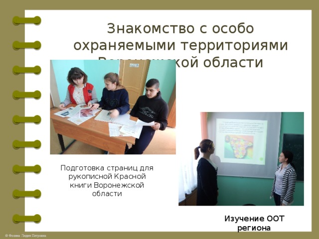 Знакомство с особо охраняемыми территориями Воронежской области Подготовка страниц для рукописной Красной книги Воронежской области Изучение ООТ региона 