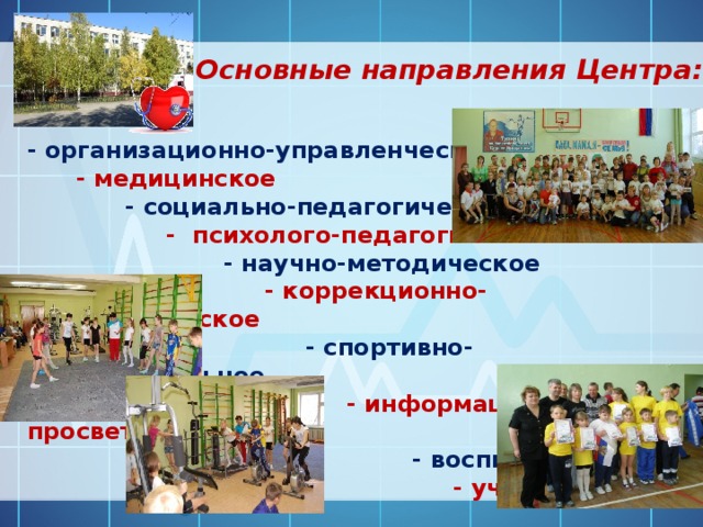 Основные направления Центра: - организационно-управленческое  - медицинское  - социально-педагогическое  - психолого-педагогическое  - научно-методическое  - коррекционно-диагностическое  - спортивно-оздоровительное  - информационно-просветительское  - воспитательное  - учебное 