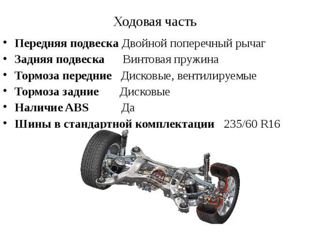 Ходовая часть   Передняя подвеска Двойной поперечный рычаг Задняя подвеска Винтовая пружина Тормоза передние Дисковые, вентилируемые Тормоза задние Дисковые Наличие ABS Да Шины в стандартной комплектации 235/60 R16 