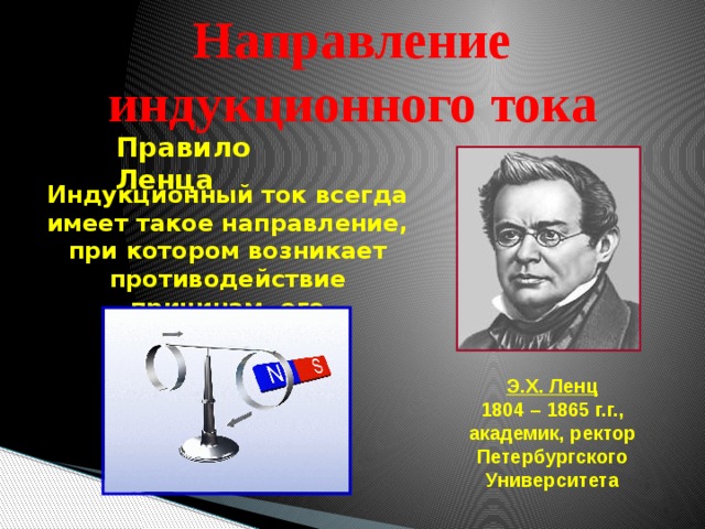 Направление  индукционного тока Правило Ленца Индукционный ток всегда имеет такое направление, при котором возникает противодействие причинам, его породившим. Э.Х. Ленц 1804 – 1865 г.г.,  академик, ректор Петербургского Университета 