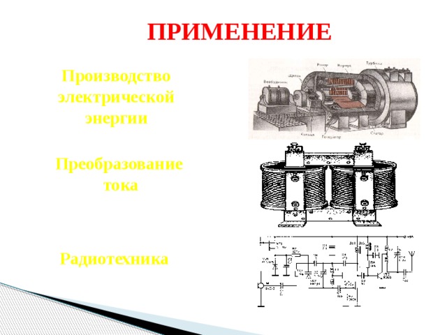 ПРИМЕНЕНИЕ Производство электрической энергии Преобразование  тока Радиотехника 