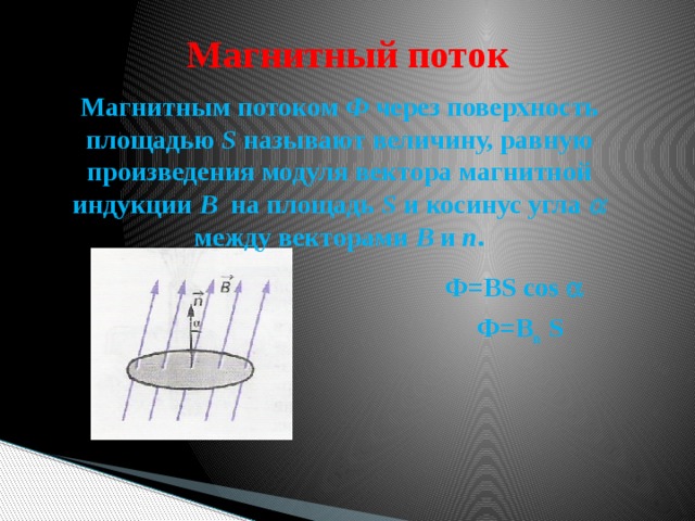 Магнитный поток Магнитным потоком Ф через поверхность площадью S называют величину, равную произведения модуля вектора магнитной индукции В на площадь S и косинус угла  между векторами В и n . Ф=ВS cos  Ф=В n S 
