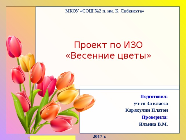 МКОУ «СОШ №2 п. им. К. Либкнехта» Проект по ИЗО «Весенние цветы» Подготовил: уч-ся 3а класса Каракулин Платон Проверила: Ильина В.М. 2017 г. 