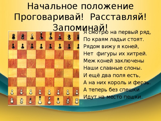 Начальное положение  Проговаривай! Расставляй! Запоминай! Я смотрю на первый ряд, По краям ладьи стоят. Рядом вижу я коней, Нет фигуры их хитрей. Меж коней заключены Наши славные слоны. И ещё два поля есть, А на них король и ферзь. А теперь без спешки Идут на место пешки. 