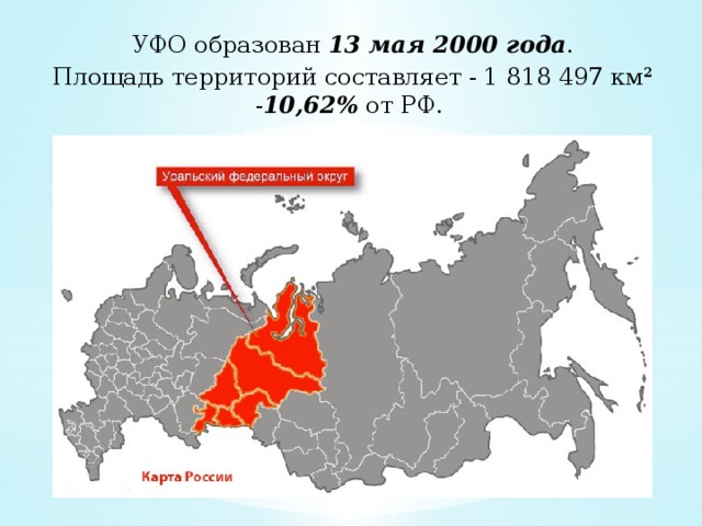 УФО образован 13 мая 2000 года . Площадь территорий составляет - 1 818 497 км² - 10,62% от РФ. 