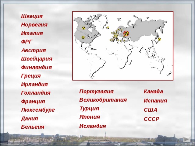 Швеция Норвегия Италия ФРГ Австрия Швейцария Финляндия Греция Ирландия Голландия Франция Люксембург Дания Бельгия Португалия Великобритания Турция Япония Исландия Канада Испания США СССР 