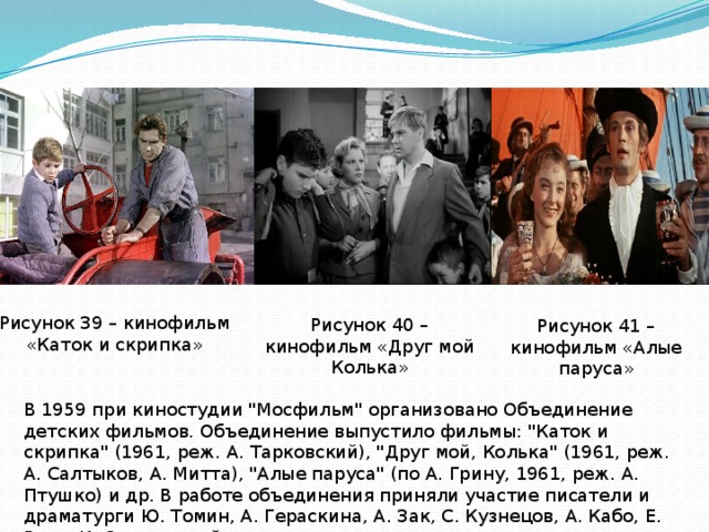 Рисунок 39 – кинофильм «Каток и скрипка» Рисунок 40 – кинофильм «Друг мой Колька» Рисунок 41 – кинофильм «Алые паруса» В 1959 при киностудии 