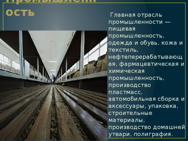 Промышленность  Главная отрасль промышленности — пищевая промышленность, одежда и обувь, кожа и текстиль, нефтеперерабатывающая, фармацевтическая и химическая промышленность, производство пластмасс, автомобильная сборка и аксессуары, упаковка, строительные материалы, производство домашней утвари, полиграфия. 