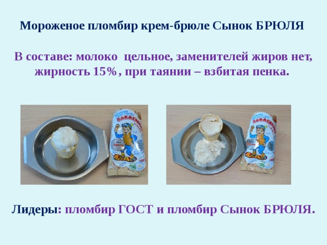 Мороженое пломбир крем-брюле Сынок БРЮЛЯ  В составе: молоко цельное, заменителей жиров нет, жирность 15%, при таянии – взбитая пенка.   Лидеры : пломбир ГОСТ и пломбир Сынок БРЮЛЯ. 