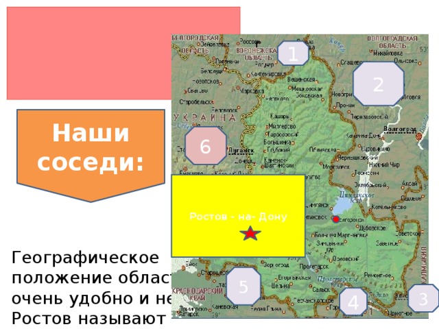          Географическое положение области очень удобно и недаром Ростов называют «воротами Кавказа»,через Азовское море есть выход в В Черное море       1 Воронежская область  2 Волгоградская область  3 Калмыкия  4 Ставропольский край  5 Краснодарский край  6 Украина г 1 2 Наши соседи: 6 Ростов - на- Дону 5 3 4  