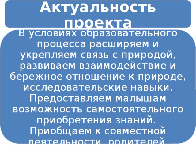 Актуальность проекта В условиях образовательного процесса расширяем и укрепляем связь с природой, развиваем взаимодействие и бережное отношение к природе, исследовательские навыки. Предоставляем малышам возможность самостоятельного приобретения знаний. Приобщаем к совместной деятельности родителей. 
