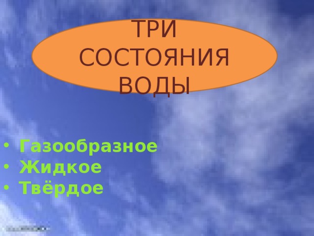 ТРИ СОСТОЯНИЯ ВОДЫ Газообразное Жидкое Твёрдое 