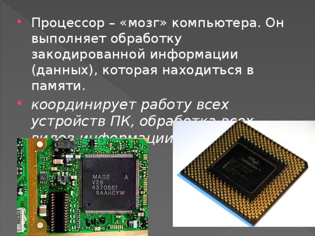 Процессор – «мозг» компьютера. Он выполняет обработку закодированной информации (данных), которая находиться в памяти. координирует работу всех устройств ПК, обработка всех видов информации. 