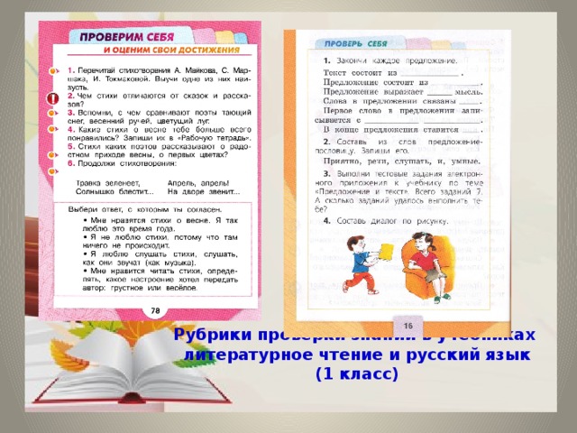                Рубрики проверки знаний в учебниках  литературное чтение и русский язык (1 класс) 