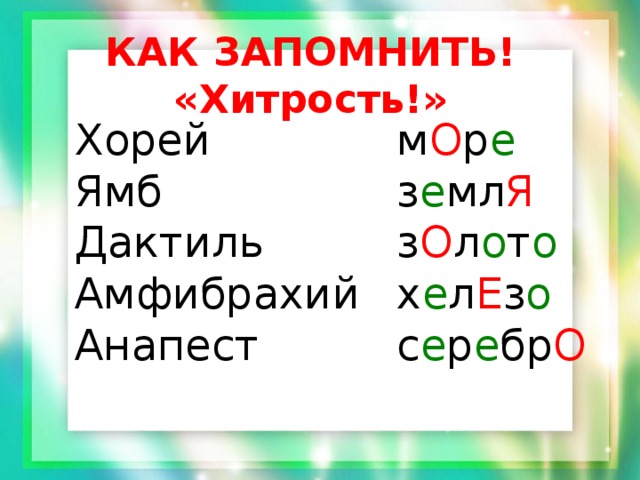 КАК ЗАПОМНИТЬ!  «Хитрость!» Хорей Ямб Дактиль Амфибрахий Анапест м О р е з е мл Я з О л о т о х е л Е з о с е р е бр О 
