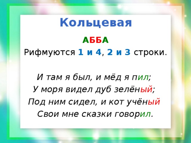 Кольцевая А ББ А Рифмуются 1 и 4 , 2 и 3 строки. И там я был, и мёд я п ил ; У моря видел дуб зелён ый ; Под ним сидел, и кот учён ый  Свои мне сказки говор ил . 