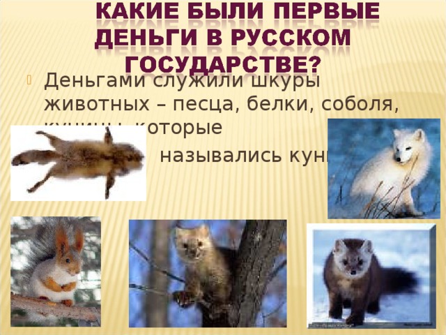 Деньгами служили шкуры животных – песца, белки, соболя, куницы, которые  назывались куны. 