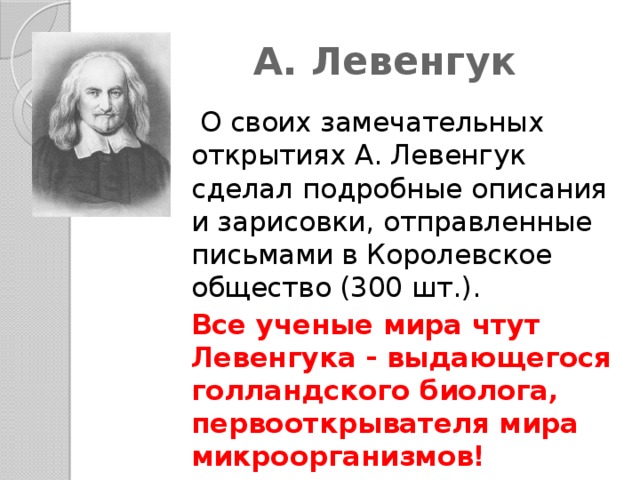  А. Левенгук    О своих замечательных открытиях А. Левенгук сделал подробные описания и зарисовки, отправленные письмами в Королевское общество (300 шт.).   Все ученые мира чтут Левенгука - выдающегося голландского биолога, первооткрывателя мира микроорганизмов! 