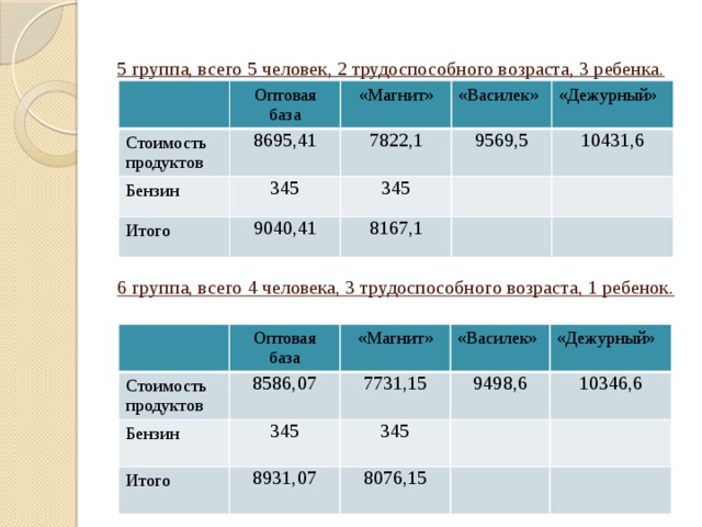 5 группа, всего 5 человек, 2 трудоспособного возраста, 3 ребенка.           6 группа, всего 4 человека, 3 трудоспособного возраста, 1 ребенок.    Стоимость продуктов Оптовая база «Магнит» 8695,41 Бензин «Василек» 7822,1 345 Итого 9040,41 «Дежурный» 9569,5 345 8167,1 10431,6 Стоимость продуктов Оптовая база Бензин «Магнит» 8586,07 Итого «Василек» 7731,15 345 «Дежурный» 9498,6 345 8931,07 10346,6 8076,15
