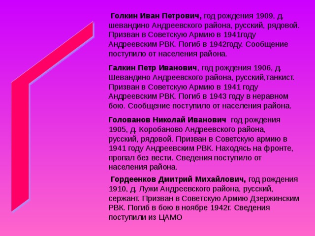  Голкин Иван Петрович, год рождения 1909, д. шевандино Андреевского района, русский, рядовой. Призван в Советскую Армию в 1941году Андреевским РВК. Погиб в 1942году. Сообщение поступило от населения района. Галкин Петр Иванович , год рождения 1906, д. Шевандино Андреевского района, русский,танкист. Призван в Советскую Армию в 1941 году Андреевским РВК. Погиб в 1943 году в неравном бою. Сообщение поступило от населения района. Голованов Николай Иванович год рождения 1905, д. Коробаново Андреевского района, русский, рядовой. Призван в Советскую армию в 1941 году Андреевским РВК. Находясь на фронте, пропал без вести. Сведения поступило от населения района.  Гордеенков Дмитрий Михайлович, год рождения 1910, д. Лужи Андреевского района, русский, сержант. Призван в Советскую Армию Дзержинским РВК. Погиб в бою в ноябре 1942г. Сведения поступили из ЦАМО 