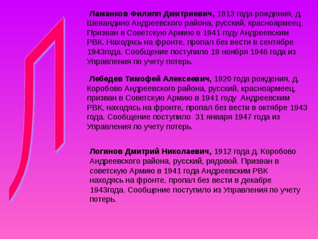  Ламанков Филипп Дмитриевич, 1913 года рождения, д. Шевандино Андреевского района, русский, красноармеец. Призван в Советскую Армию в 1941 году Андреевским РВК. Находясь на фронте, пропал без вести в сентябре 1943года. Сообщение поступило 19 ноября 1946 года из Управления по учету потерь.  Лебедев Тимофей Алексеевич, 1920 года рождения, д. Коробово Андреевского района, русский, красноармеец, призван в Советскую Армию в 1941 году Андреевским РВК, находясь на фронте, пропал без вести в октябре 1943 года. Сообщение поступило 31 января 1947 года из Управления по учету потерь. Логинов Дмитрий Николаевич, 1912 года д. Коробово Андреевского района, русский, рядовой. Призван в советскую Армию в 1941 года Андреевским РВК находясь на фронте, пропал без вести в декабре 1943года. Сообщение поступило из Управления по учету потерь. 