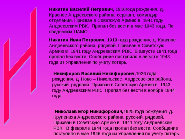 Никитин Василий Петрович, Никитин Иван Петрович,  Никифоров Василий Никифорович,  Николаев Егор Никифорович, 1925 года рождения, д. Крупениха Андреевского района, русский, рядовой. Призван в Советскую Армию в 1941 году Андреевским РВК. В феврале 1944 года пропал без вести. Сообщение поступило в мае 1946 года из Управления по учету потерь. 