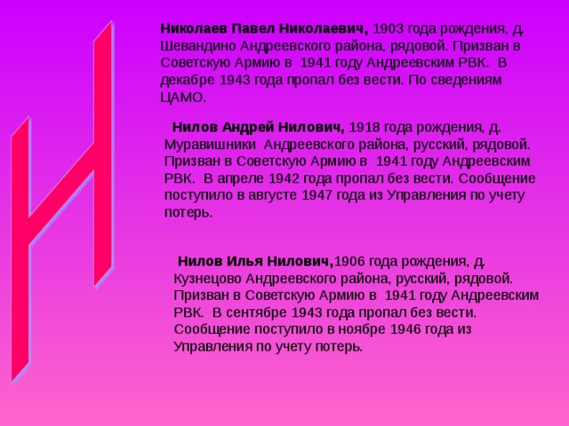 Николаев Павел Николаевич, 1903 года рождения, д. Шевандино Андреевского района, рядовой. Призван в Советскую Армию в 1941 году Андреевским РВК. В декабре 1943 года пропал без вести. По сведениям ЦАМО.   Нилов Андрей Нилович, 1918 года рождения, д. Муравишники Андреевского района, русский, рядовой. Призван в Советскую Армию в 1941 году Андреевским РВК. В апреле 1942 года пропал без вести. Сообщение поступило в августе 1947 года из Управления по учету потерь.  Нилов Илья Нилович, 