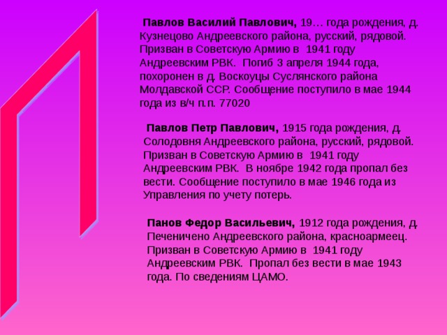  Павлов Василий Павлович, 19… года рождения, д. Кузнецово Андреевского района, русский, рядовой. Призван в Советскую Армию в 1941 году Андреевским РВК. Погиб 3 апреля 1944 года, похоронен в д. Воскоуцы Суслянского района Молдавской ССР. Сообщение поступило в мае 1944 года из в/ч п.п. 77020  Павлов Петр Павлович, Панов Федор Васильевич, 1912 года рождения, д. Печеничено Андреевского района, красноармеец. Призван в Советскую Армию в 1941 году Андреевским РВК. Пропал без вести в мае 1943 года. По сведениям ЦАМО. 