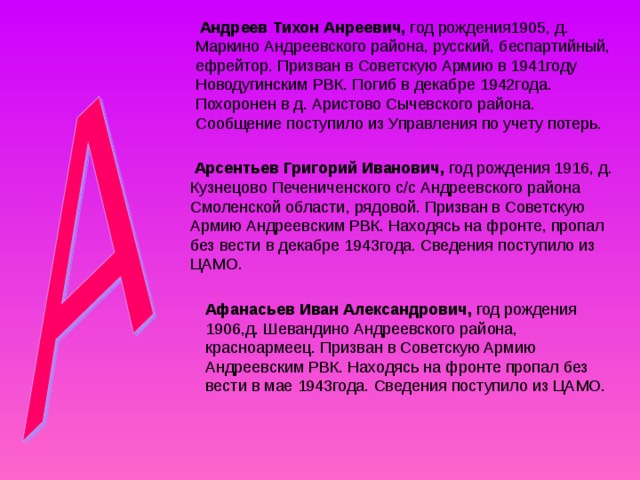  Андреев Тихон Анреевич, год рождения1905, д. Маркино Андреевского района, русский, беспартийный, ефрейтор. Призван в Советскую Армию в 1941году Новодугинским РВК. Погиб в декабре 1942года. Похоронен в д. Аристово Сычевского района. Сообщение поступило из Управления по учету потерь.  Арсентьев Григорий Иванович, год рождения 1916, д. Кузнецово Печениченского с/с Андреевского района Смоленской области, рядовой. Призван в Советскую Армию Андреевским РВК. Находясь на фронте, пропал без вести в декабре 1943года. Сведения поступило из ЦАМО. Афанасьев Иван Александрович, год рождения 1906,д. Шевандино Андреевского района, красноармеец. Призван в Советскую Армию Андреевским РВК. Находясь на фронте пропал без вести в мае 1943года. Сведения поступило из ЦАМО. 