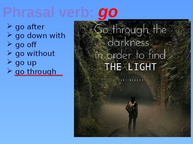 Phrasal verb: go  go after  go down with  go off  go without  go up  go through ……………… .. 