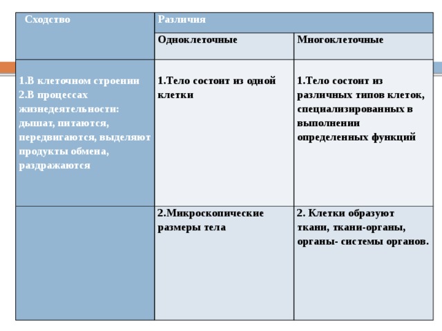  Сходство Различия Одноклеточные      1.В клеточном строении  Многоклеточные 2.Микроскопические размеры тела 1.Тело состоит из одной клетки  2.В процессах жизнедеятельности: дышат, питаются, передвигаются, выделяют продукты обмена, раздражаются 1.Тело состоит из различных типов клеток, специализированных в выполнении определенных функций 2. Клетки образуют ткани, ткани-органы, органы- системы органов.         
