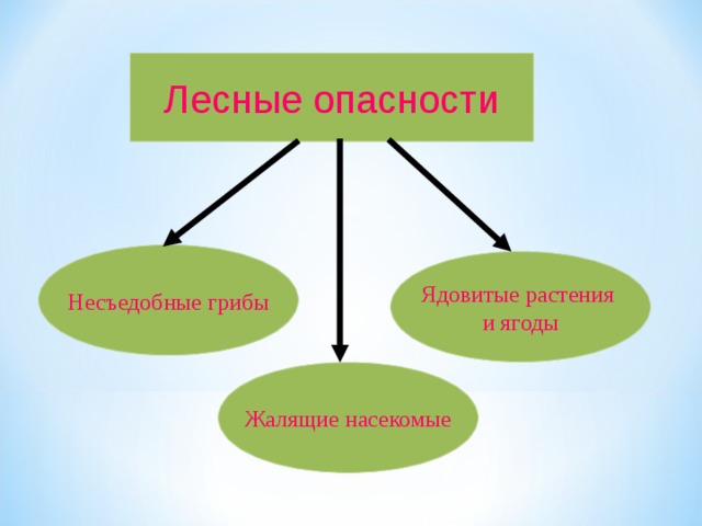 Лесные опасности Несъедобные грибы Ядовитые растения и ягоды Жалящие насекомые  