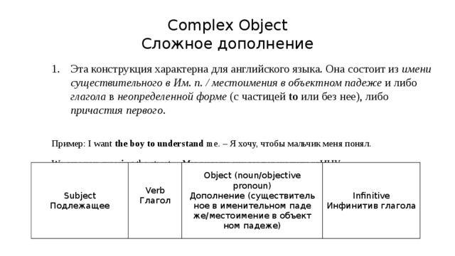Complex Object  Сложное дополнение Эта конструкция характерна для английского языка. Она состоит из имени существительного в Им. п. / местоимения в объектном падеже и либо глагола в неопределенной форме (с частицей to или без нее), либо причастия первого . Пример: I want the boy to understand me. – Я хочу, чтобы мальчик меня понял. We saw you crossing the street. – Мы видели, как вы переходили ул ицу. Subject Под­ле­жа­щее Verb Object (noun/objective pronoun) Гла­гол Infinitive   До­пол­не­ние (су­ще­стви­тель­ное в име­ни­тель­ном па­де­же/ме­сто­име­ние в объ­ект­ном па­де­же) Ин­фи­ни­тив гла­го­ла 