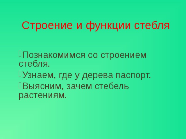 Строение и функции стебля Познакомимся со строением стебля. Узнаем, где у дерева паспорт. Выясним, зачем стебель растениям. Ты, конечно, понимаешь, как важен для растения стебель – будь то ствол старого дуба или тонкий стебелек колокольчика. На этом уроке мы познакомимся с клеточным строением стебля. Ты узнаешь, по каким клеткам и тканям передвигаются почвенные растворы и растворы сахаров, увидишь, что в стебле есть клетки живые и мертвые.  