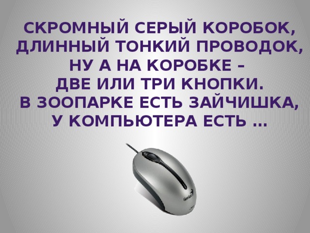 Скромный серый коробок, Длинный тонкий проводок, Ну а на коробке – Две или три кнопки. В зоопарке есть зайчишка, У компьютера есть … 