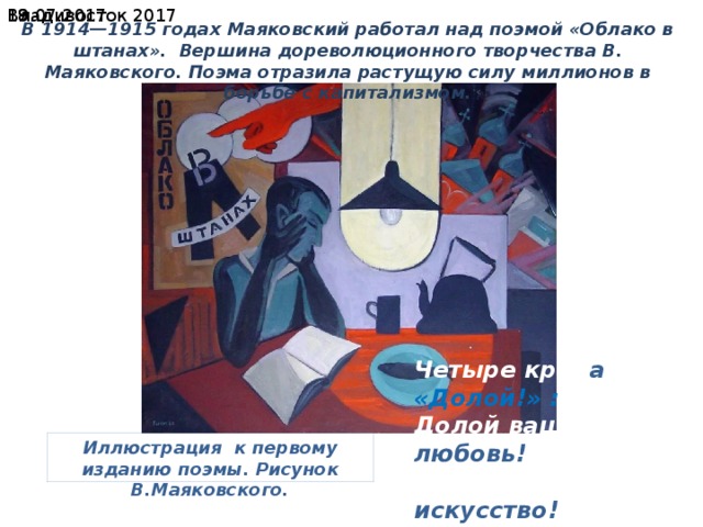19.07.2017  Владивосток 2017 В 1914—1915 годах Маяковский работал над поэмой «Облако в штанах». Вершина дореволюционного творчества В. Маяковского. Поэма отразила растущую силу миллионов в борьбе с капитализмом. Четыре крик а «Долой!» : Долой вашу любовь! Долой ваше искусство! Долой ваш строй! Долой вашу религию ! Иллюстрация к первому изданию поэмы. Рисунок В.Маяковского. 
