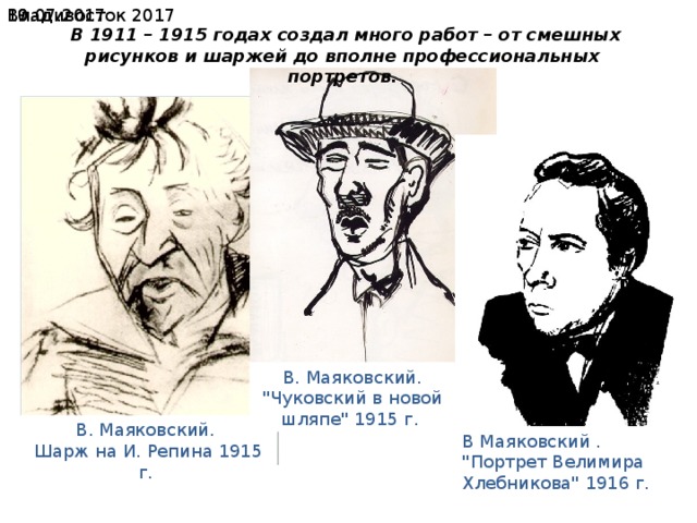 19.07.2017  Владивосток 2017  В 1911 – 1915 годах создал много работ – от смешных рисунков и шаржей до вполне профессиональных портретов. В. Маяковский. 