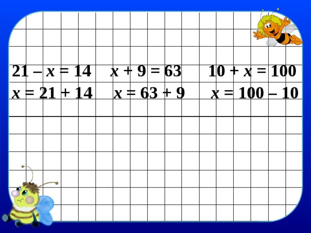 21 – х = 14   х + 9 = 63  10 + х = 100 х = 21 + 14 х = 63 + 9 х = 100 – 10 