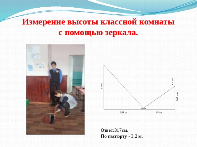 Измерение высоты классной комнаты  с помощью зеркала. Ответ:317см. По паспорту - 3,2 м. 