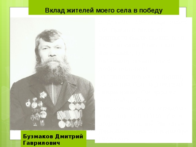 Вклад жителей моего села в победу В декабре 1943 года, около 100 призывников его возраста были вызваны в Кулигинский районный военкомат, где все написали заявление о добровольном направлении их на фронт, среди них был и Дмитрий Гаврилович. Он прошел всю войну. Был представлен и к наградам - к медали «ЗА ОТВАГУ », к ордену «Красной Звезды». Демобилизовался в ноябре 1946 года Бузмаков Дмитрий Гаврилович 