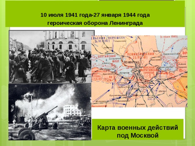   10 июля 1941 года-27 января 1944 года героическая оборона Ленинграда  Карта военных действий под Москвой 