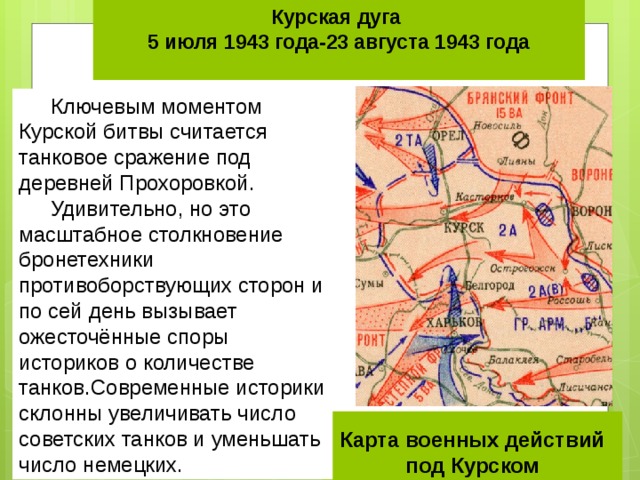 Курская дуга  5 июля 1943 года-23 августа 1943 года   Ключевым моментом Курской битвы считается танковое сражение под деревней Прохоровкой. Удивительно, но это масштабное столкновение бронетехники противоборствующих сторон и по сей день вызывает ожесточённые споры историков о количестве танков.Современные историки склонны увеличивать число советских танков и уменьшать число немецких. Карта военных действий под Курском 