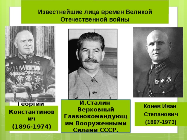 Известнейшие лица времен Великой Отечественной войны И.Сталин Верховный Главнокомандующим Вооруженными Силами СССР. Конев Иван Степанович (1897-1973) Жуков Георгий Константинович (1896-1974) 